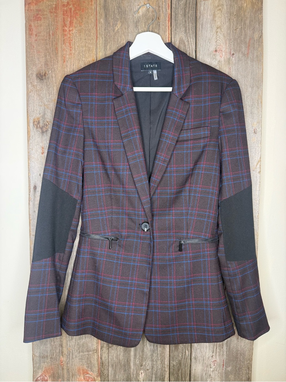 1. STATE Burgundy Plaid Blazer with Blue Windowpane and Black Panels size 6